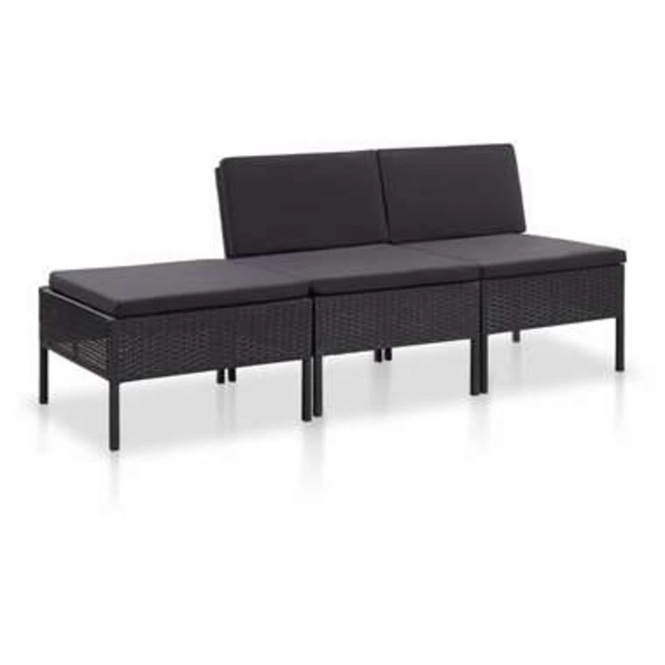 VidaXL 3-delige Loungeset Met Kussens Poly Rattan Zwart 3 VidaXL 3-delige Loungeset Met Kussens Poly Rattan Zwart