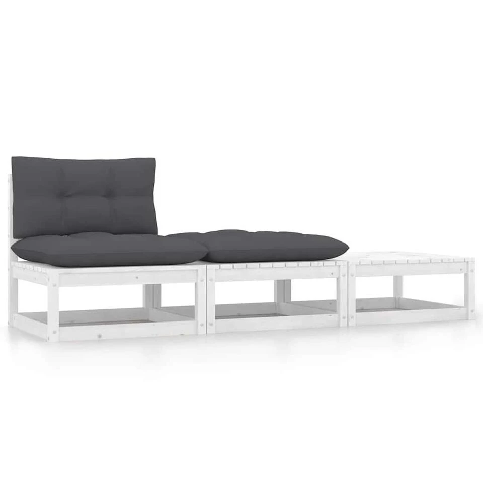 VidaXL 3-delige Loungeset Met Kussens Massief Grenenhout Wit 3 VidaXL 3-delige Loungeset Met Kussens Massief Grenenhout Wit