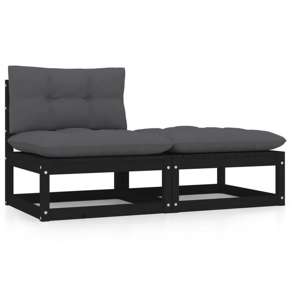 VidaXL 2-delige Loungeset Met Kussens Massief Grenenhout Zwart 3 VidaXL 2-delige Loungeset Met Kussens Massief Grenenhout Zwart