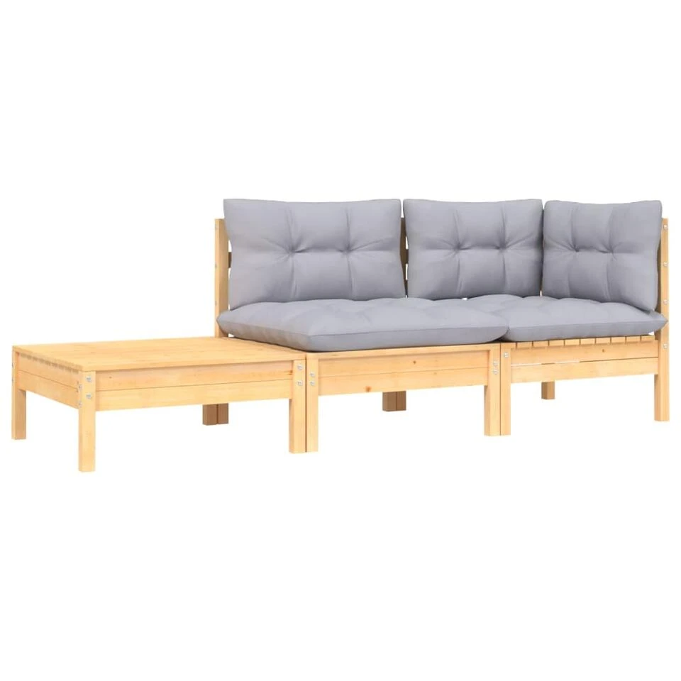 VidaXL 3-delige Loungeset Met Grijze Kussens Massief Grenenhout 3 VidaXL 3-delige Loungeset Met Grijze Kussens Massief Grenenhout