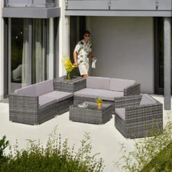 Tectake- Loungeset Pisa Met Opbergbox Kussens - Wicker - Lichtgrijs 7 Tectake- Loungeset Pisa Met Opbergbox Kussens - Wicker - Lichtgrijs -Populair Tuinmeubilair 1000077880 0101