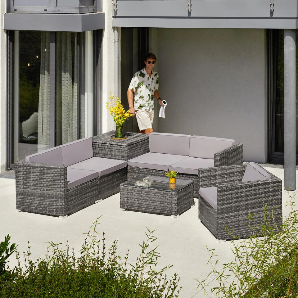 Tectake- Loungeset Pisa Met Opbergbox Kussens - Wicker - Lichtgrijs 4 Tectake- Loungeset Pisa Met Opbergbox Kussens - Wicker - Lichtgrijs - Afbeelding 2